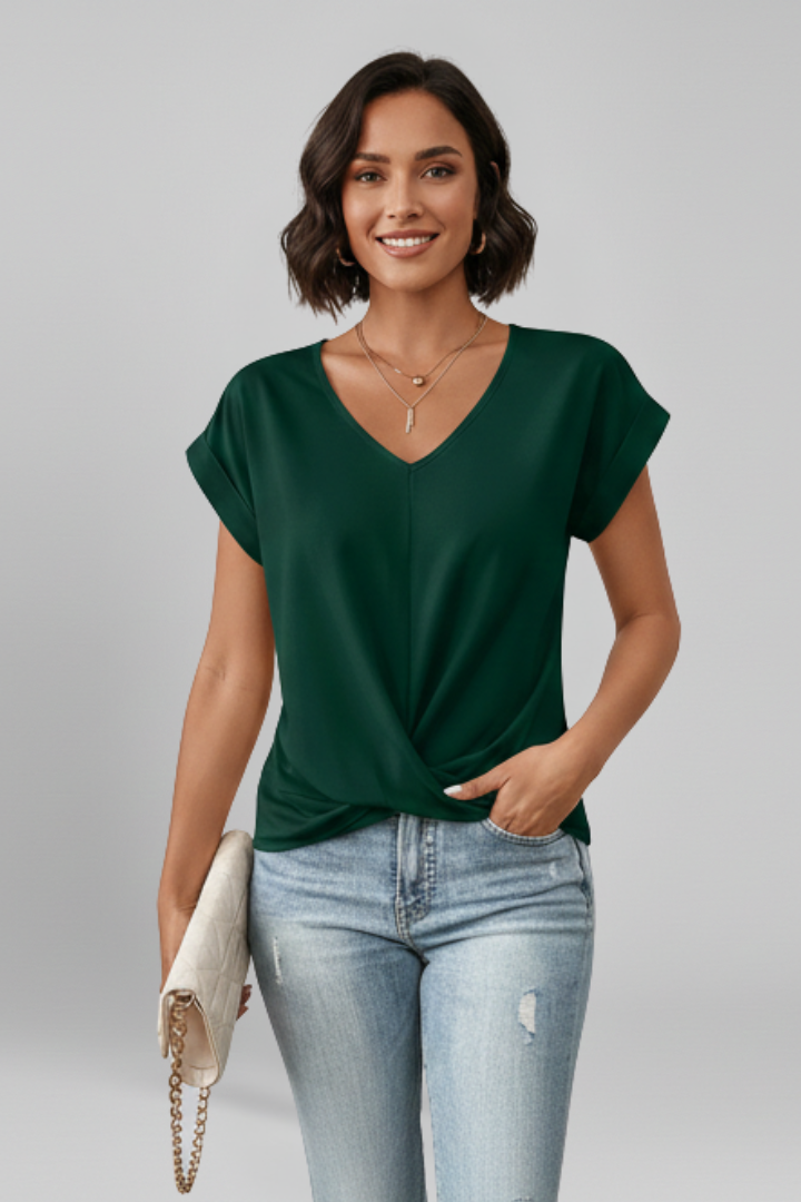 Women's Relaxed Fit V-Neck Blouse with Short Sleeves