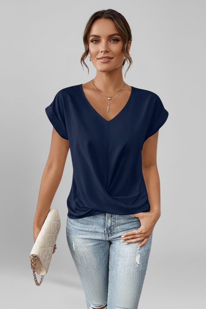 Women's Relaxed Fit V-Neck Blouse with Short Sleeves