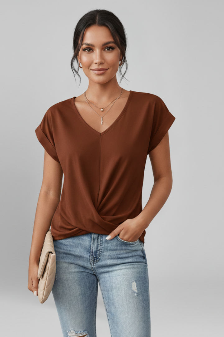 Women's Relaxed Fit V-Neck Blouse with Short Sleeves