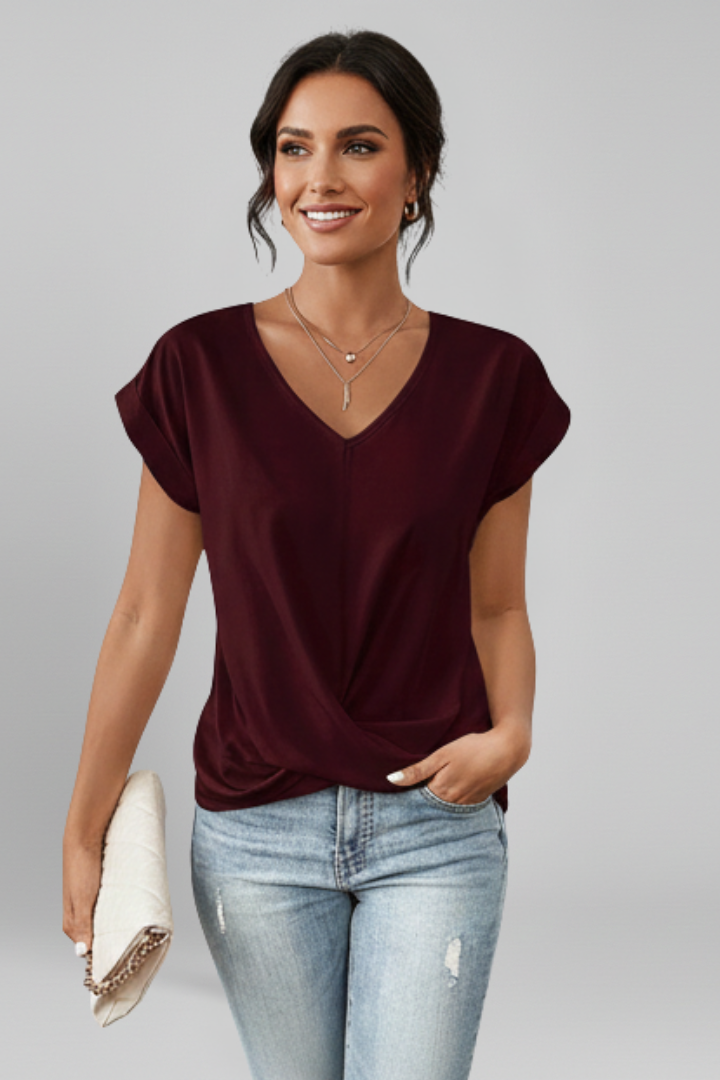Women's Relaxed Fit V-Neck Blouse with Short Sleeves