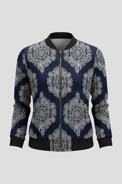 Women’s Bomber Jacket with Zip Closure and Floral Print