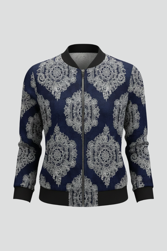 Women’s Bomber Jacket with Zip Closure and Floral Print