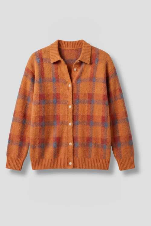 Women’s Cardigan Jumper with Button Closure and Check Pattern