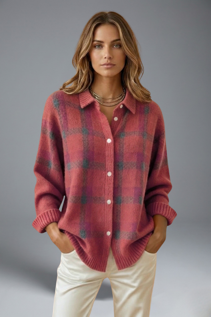 Women’s Cardigan Jumper with Button Closure and Check Pattern