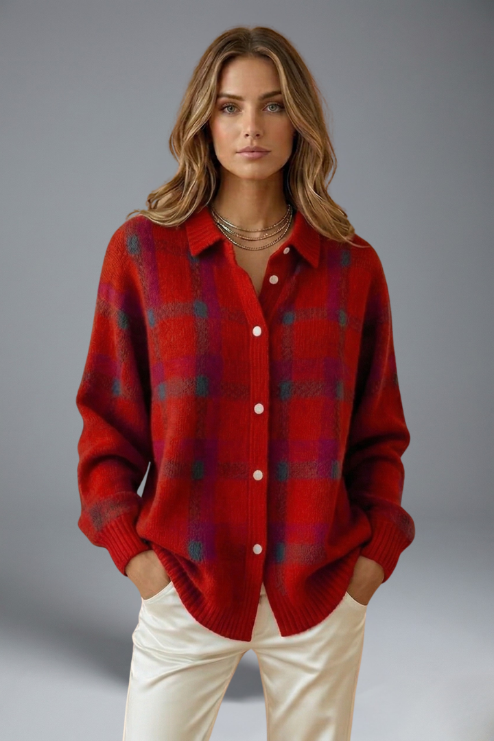 Women’s Cardigan Jumper with Button Closure and Check Pattern
