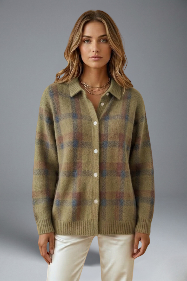 Women’s Cardigan Jumper with Button Closure and Check Pattern