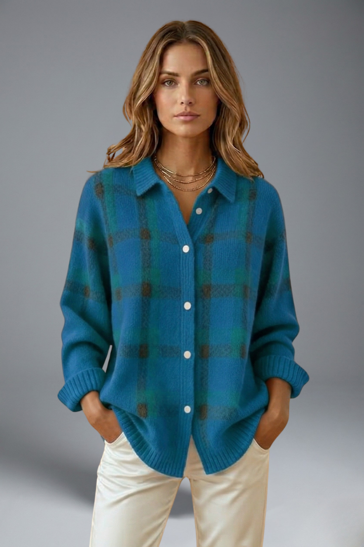 Women’s Cardigan Jumper with Button Closure and Check Pattern