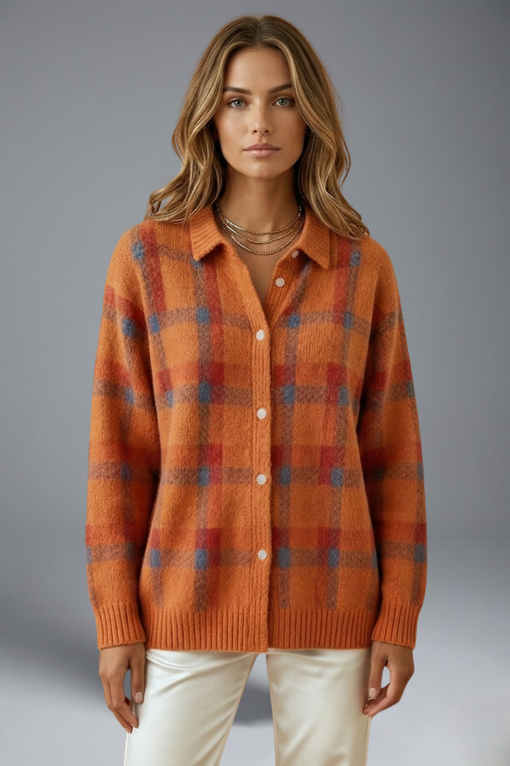 Women’s Cardigan Jumper with Button Closure and Check Pattern