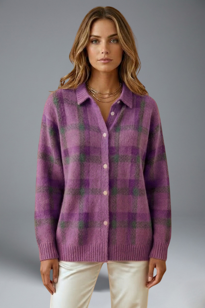 Women’s Cardigan Jumper with Button Closure and Check Pattern
