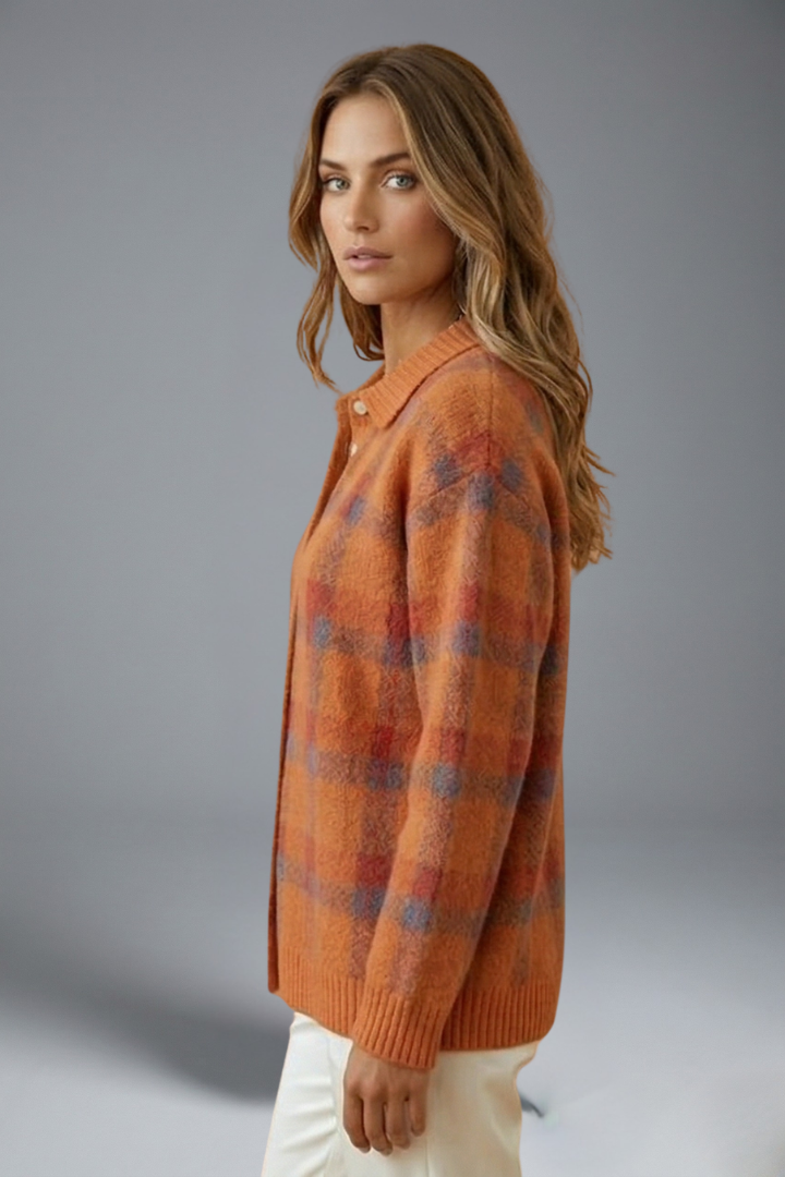 Women’s Cardigan Jumper with Button Closure and Check Pattern