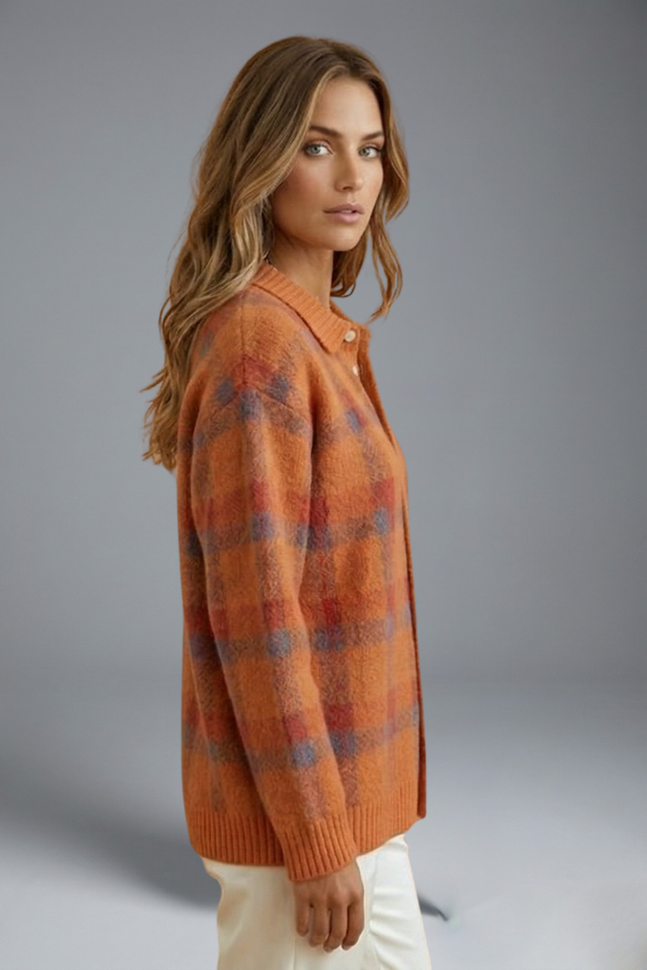 Women’s Cardigan Jumper with Button Closure and Check Pattern