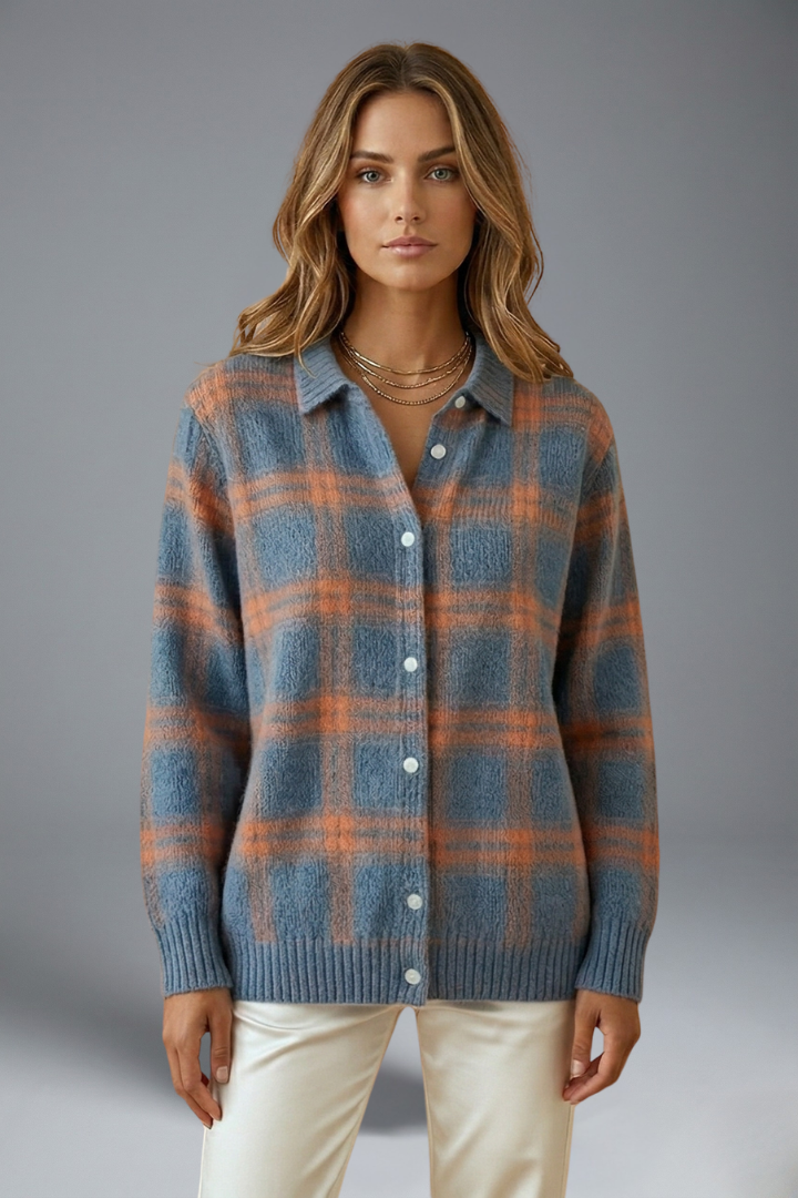 Women’s Cardigan Jumper with Button Closure and Check Pattern