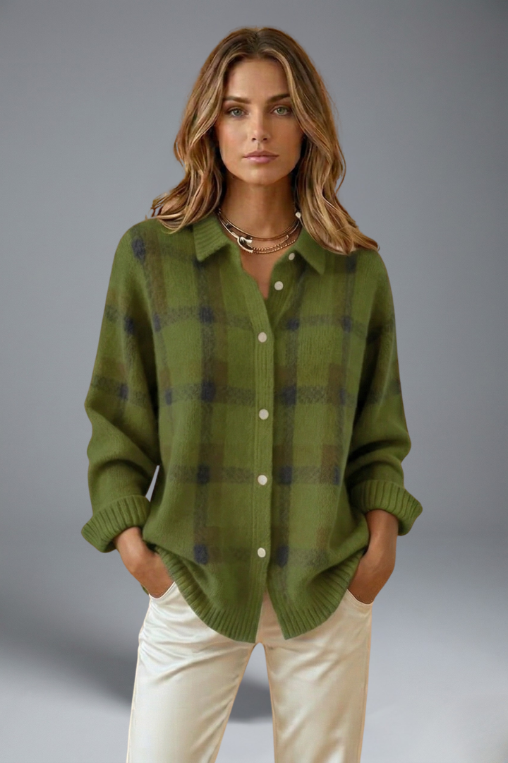 Women’s Cardigan Jumper with Button Closure and Check Pattern