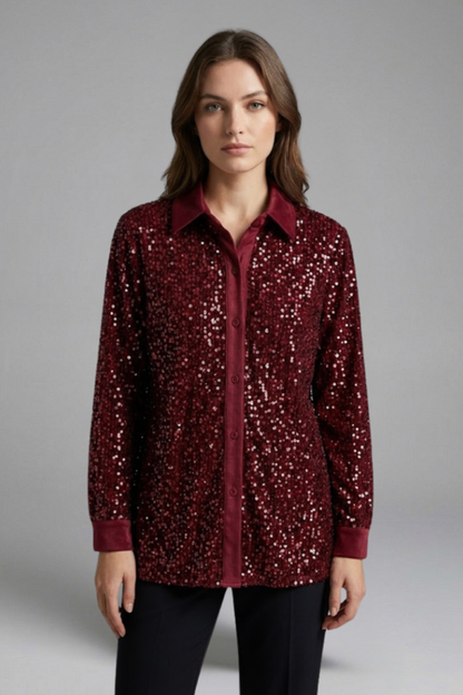 Women’s Shirt with Button Fastening and Sequin Surface