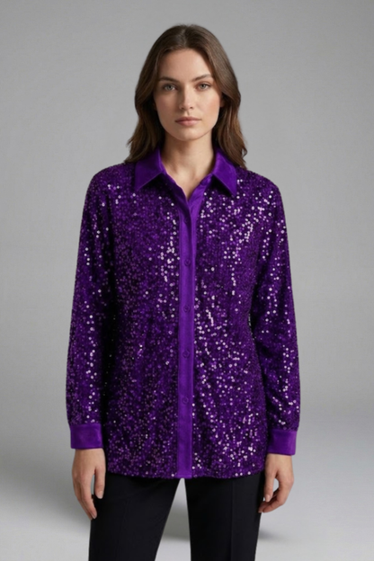 Women’s Shirt with Button Fastening and Sequin Surface