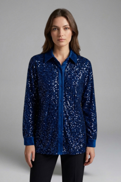 Women’s Shirt with Button Fastening and Sequin Surface