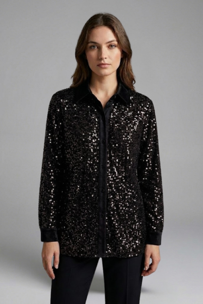 Women’s Shirt with Button Fastening and Sequin Surface