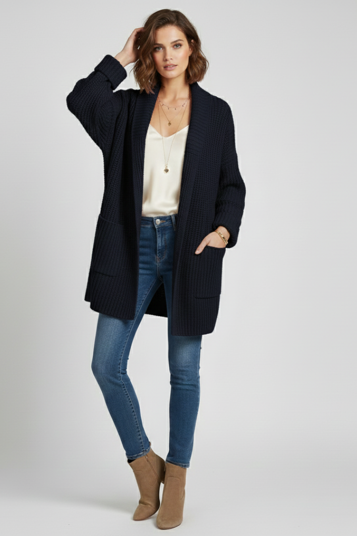 Women's Open Front Ribbed Cardigan with Patch Pockets