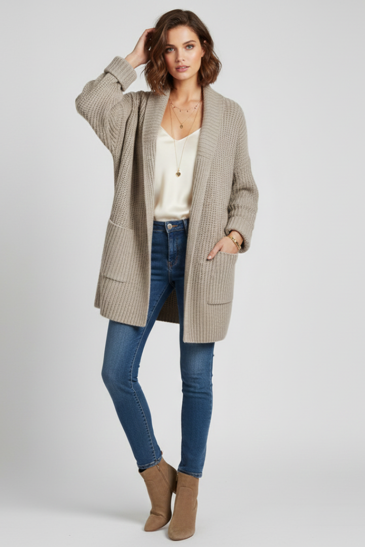Women's Open Front Ribbed Cardigan with Patch Pockets