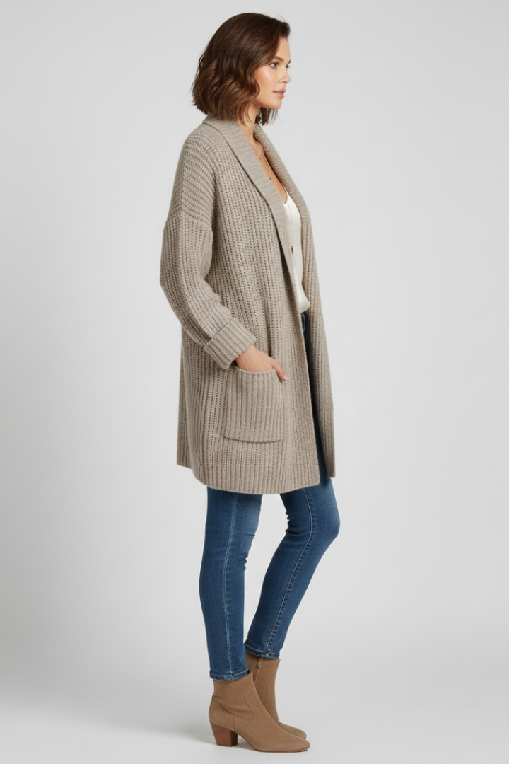 Women's Open Front Ribbed Cardigan with Patch Pockets