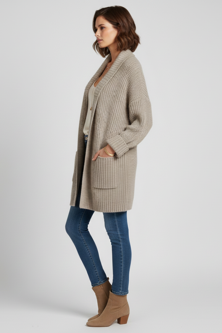 Women's Open Front Ribbed Cardigan with Patch Pockets