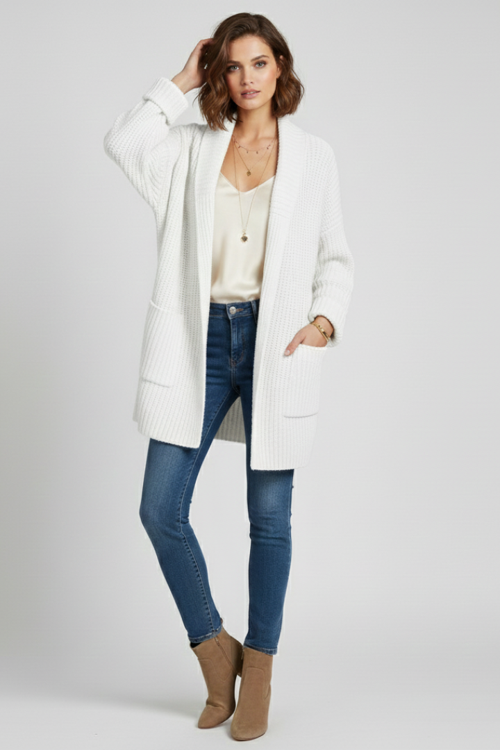 Women's Open Front Ribbed Cardigan with Patch Pockets
