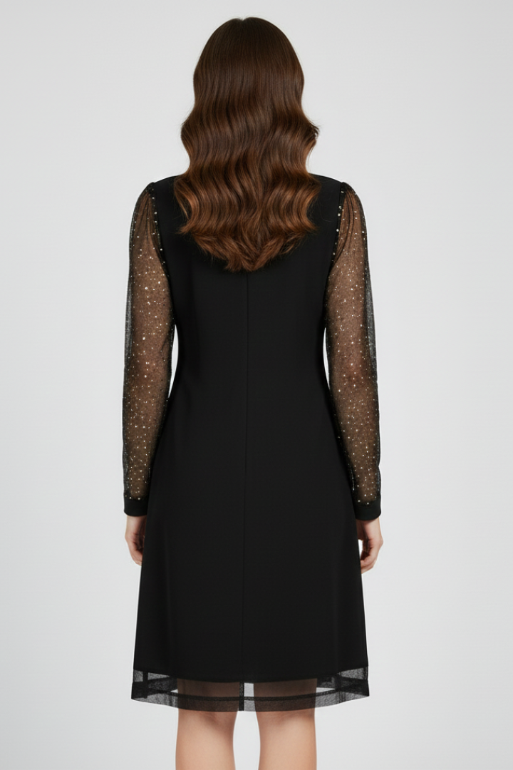 Women’s Cocktail Dress with Sequined Sleeves and Plunging Neckline
