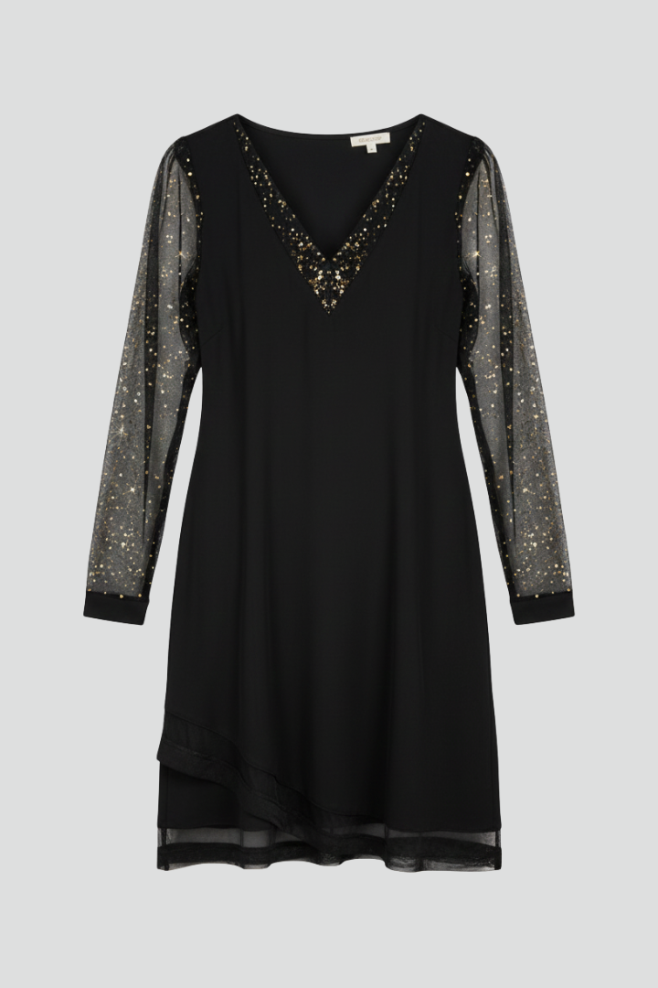 Women’s Cocktail Dress with Sequined Sleeves and Plunging Neckline