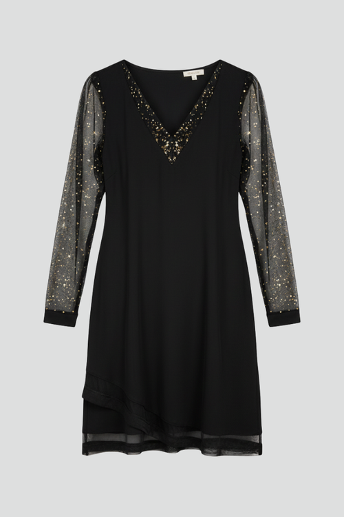Women’s Cocktail Dress with Sequined Sleeves and Plunging Neckline