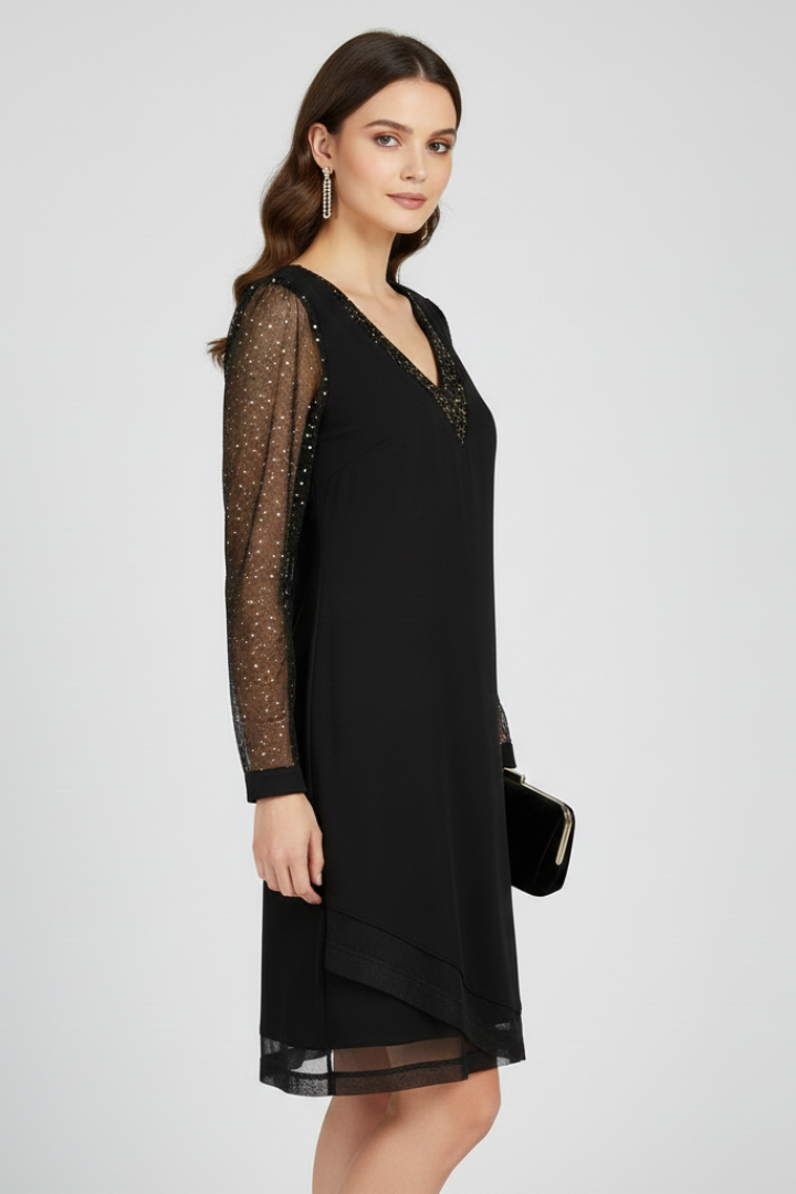 Women’s Cocktail Dress with Sequined Sleeves and Plunging Neckline