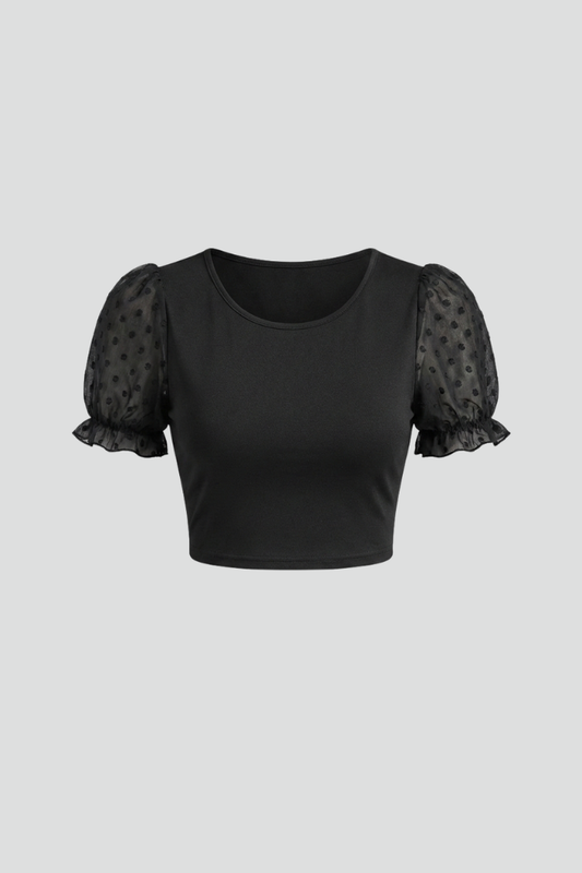 Women’s Crop Top with Puff Sleeves and Round Neck