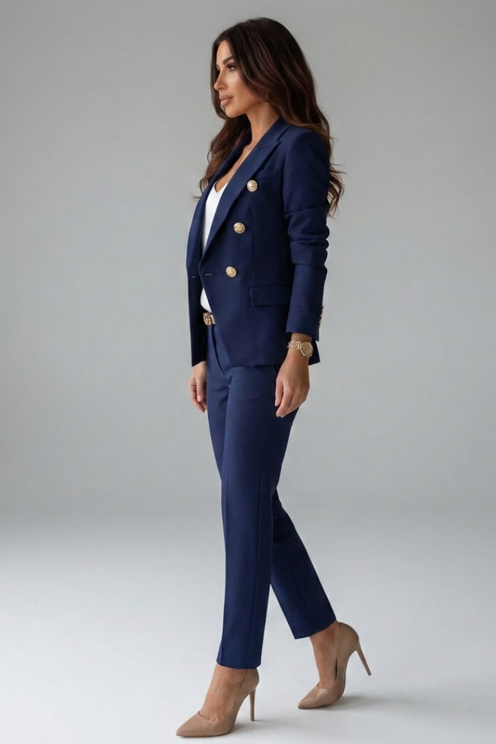 Women's Double-Breasted Blazer Set with Buttons for Office Wear