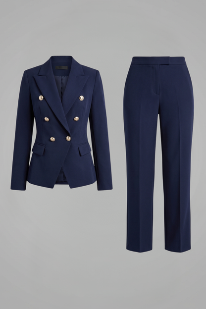 Women's Double-Breasted Blazer Set with Buttons for Office Wear