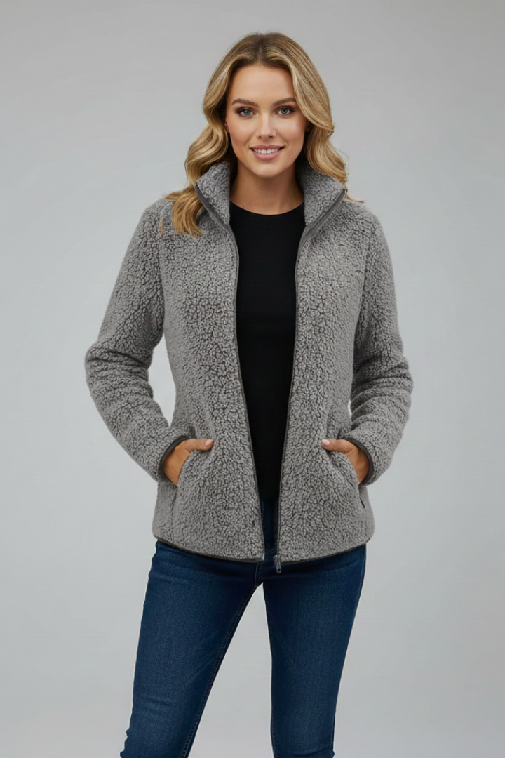 Women's Fleece Jacket with Stand-Up Collar and Zip