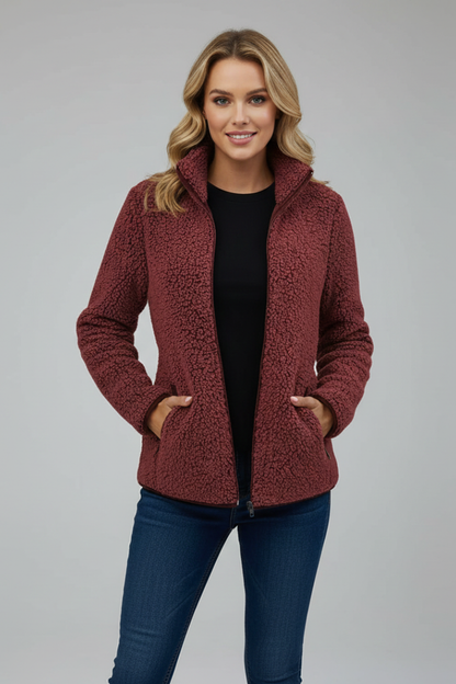 Women's Fleece Jacket with Stand-Up Collar and Zip