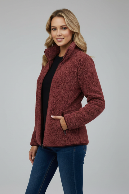 Women's Fleece Jacket with Stand-Up Collar and Zip