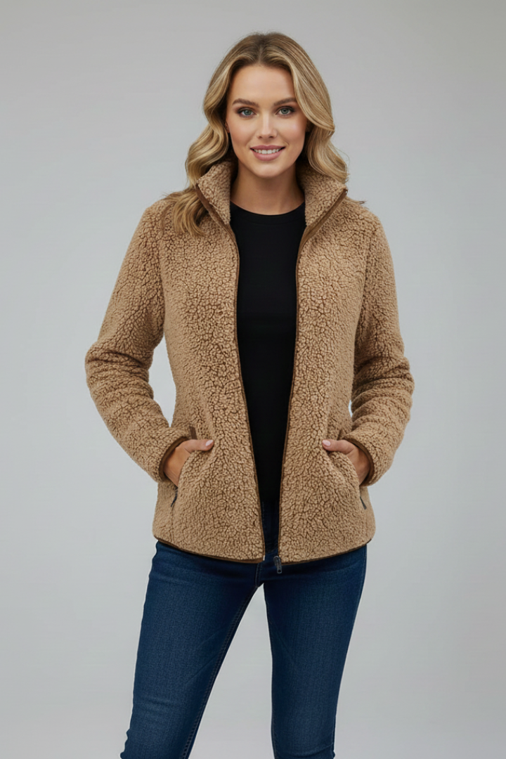 Women's Fleece Jacket with Stand-Up Collar and Zip