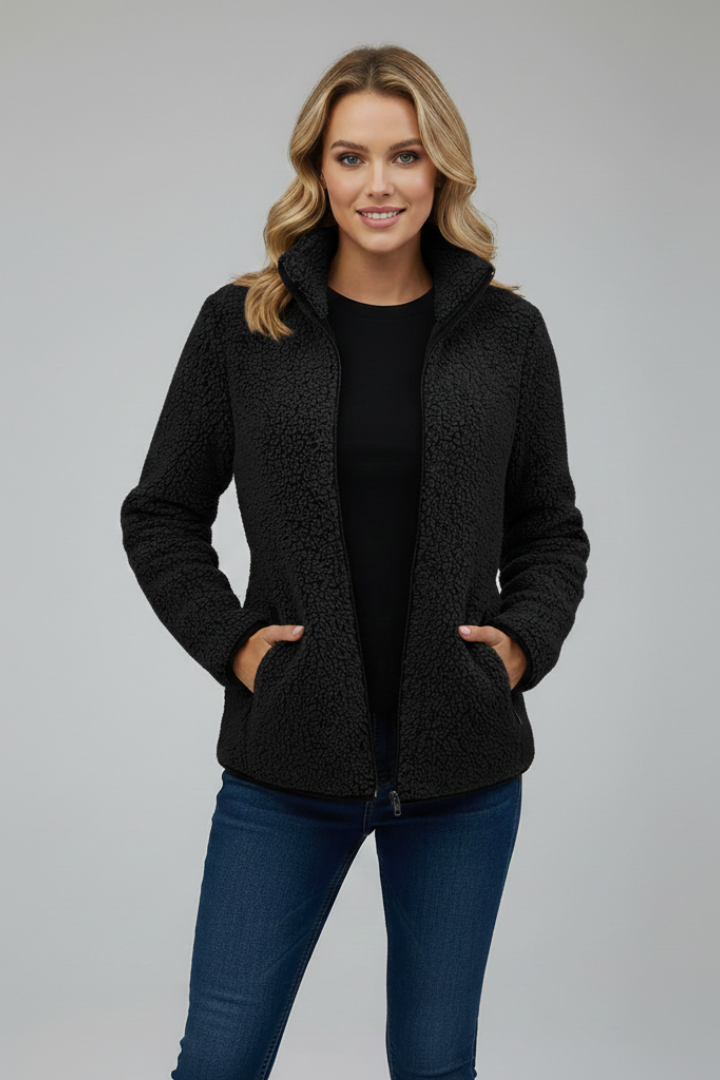 Women's Fleece Jacket with Stand-Up Collar and Zip