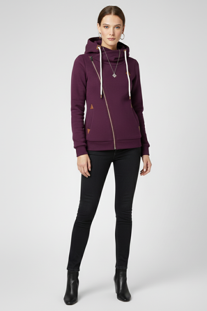 Women’s Hooded Jacket with Asymmetrical Zip and Drawstring