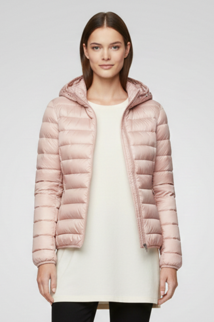 Women’s Hooded Jacket with Zip Fastening and Quilted Surface