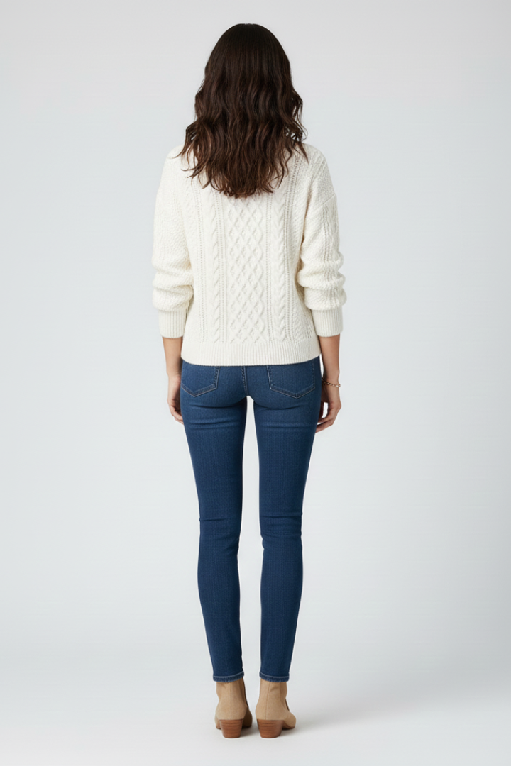 Women's Cable Knit Jumper with Ribbed Crew Neck and Hem