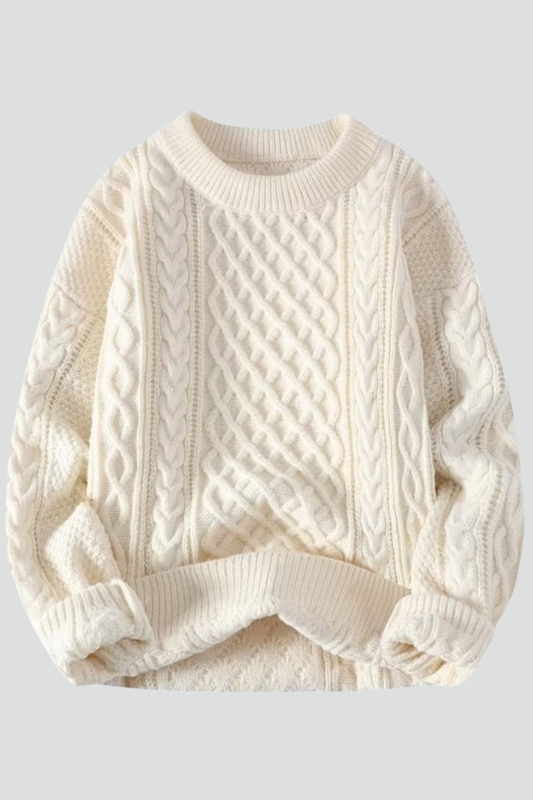 Women's Cable Knit Jumper with Ribbed Crew Neck and Hem