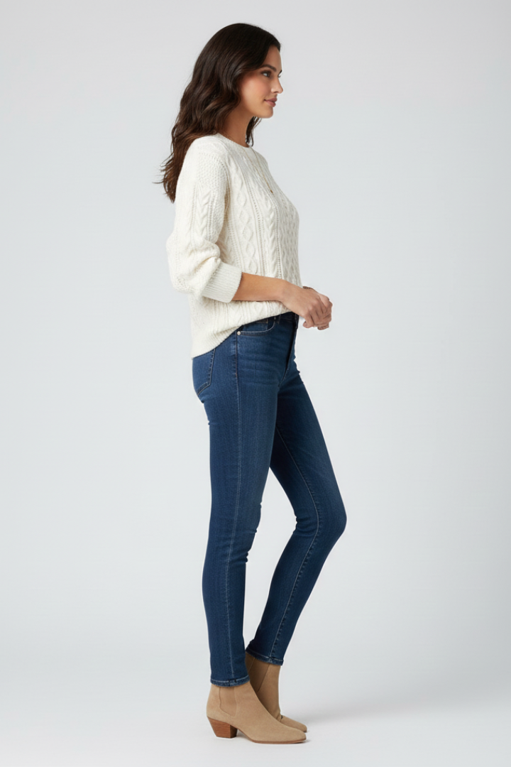 Women's Cable Knit Jumper with Ribbed Crew Neck and Hem