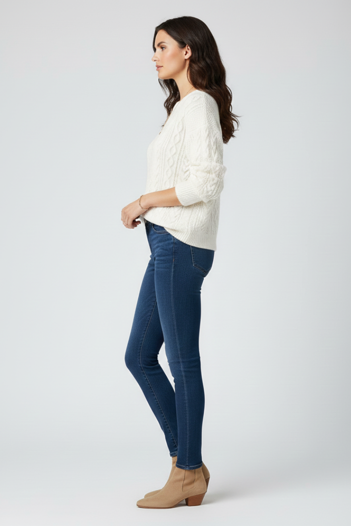 Women's Cable Knit Jumper with Ribbed Crew Neck and Hem