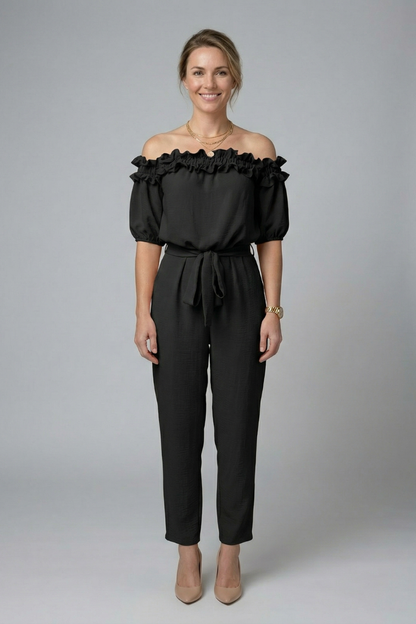 Women’s Jumpsuit with Off-Shoulder Neckline and Waist Tie