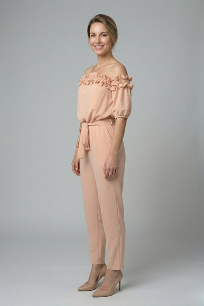 Women’s Jumpsuit with Off-Shoulder Neckline and Waist Tie