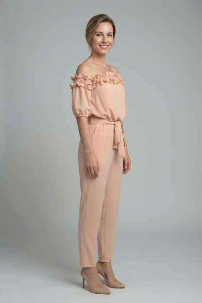 Women’s Jumpsuit with Off-Shoulder Neckline and Waist Tie