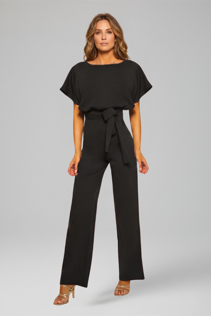 Women's Wide Leg Jumpsuit with Flutter Sleeves and Waist Tie Belt