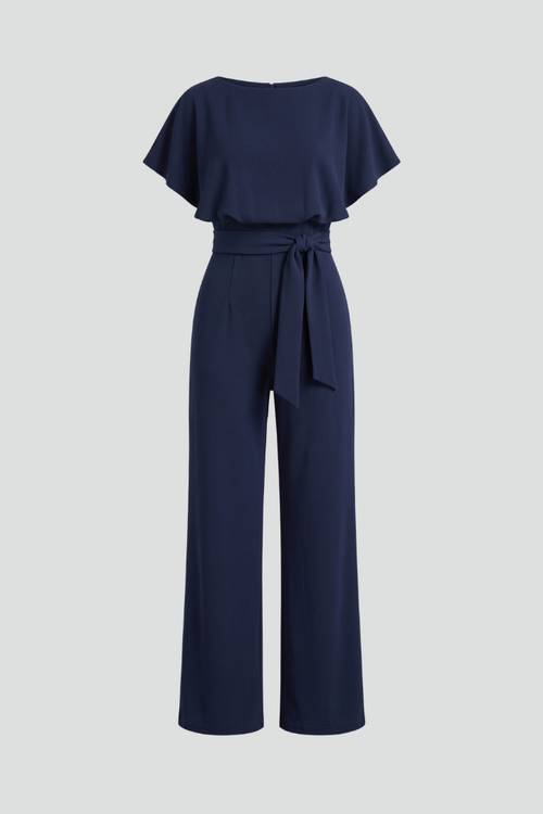 Women's Wide Leg Jumpsuit with Flutter Sleeves and Waist Tie Belt