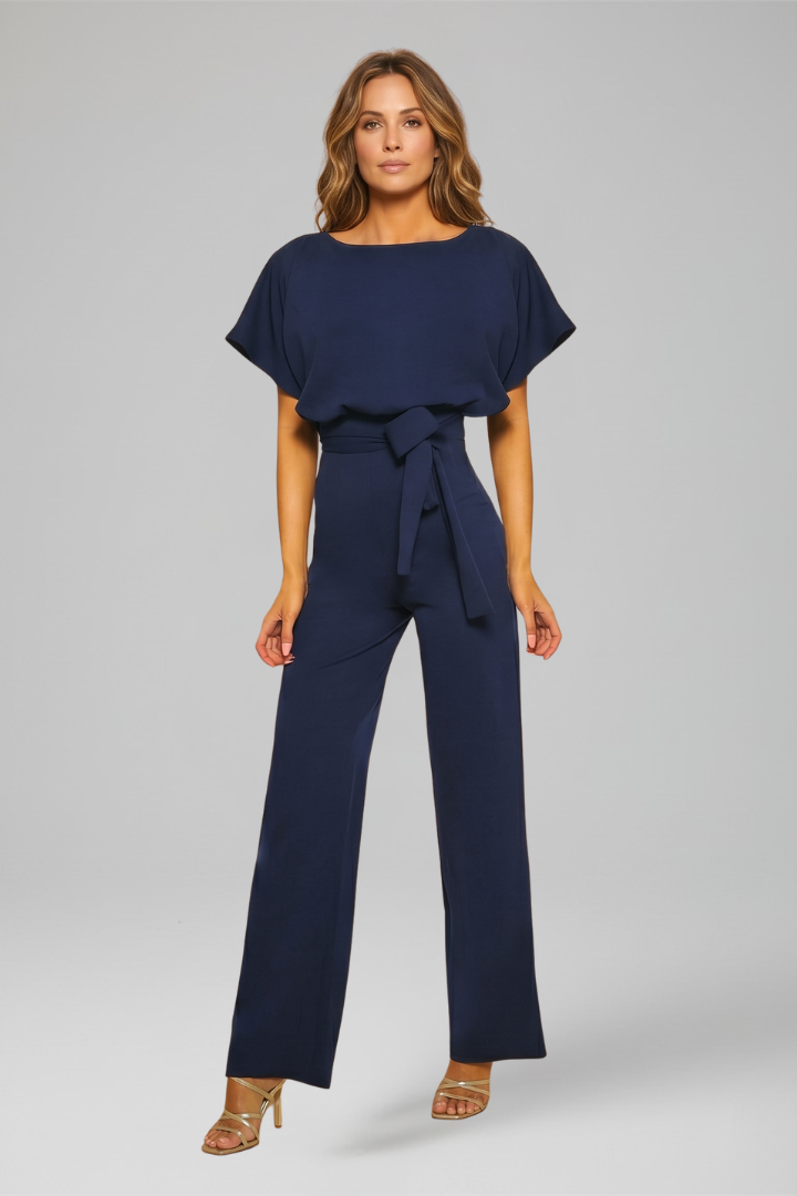 Women's Wide Leg Jumpsuit with Flutter Sleeves and Waist Tie Belt